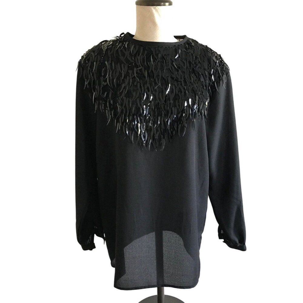 Black Long-Sleeve Fringe Top Medium With Sequin Detailing & Sheer Hem